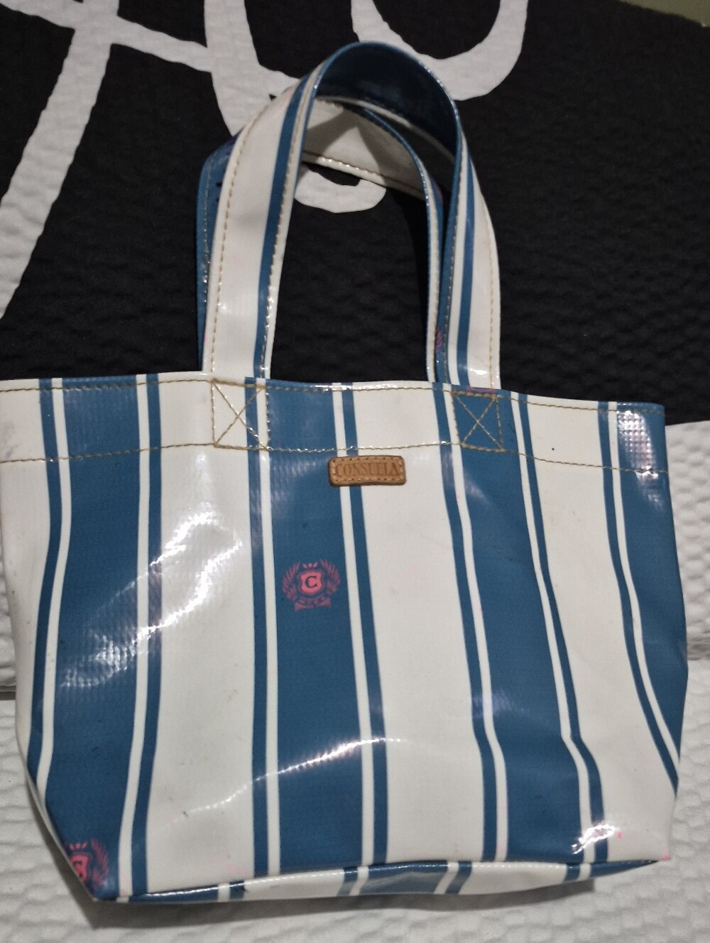 Consuela Blue and White Striped Coated Canvas Tote Small Size